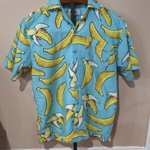 Mens Hawaiian Banana Print Short-Sleeve Sm Aqua/Yellow Shirt From Aloha by Uzzi
